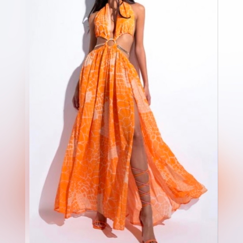 Vibrant Orange Halter Luxxe Maxi Cut - Out Dress With Side Slits (LG Petite)